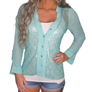 Y2k Vanity Shirt Womens Medium Blue Green Sequin Sparkly Sheer Button Up Disco